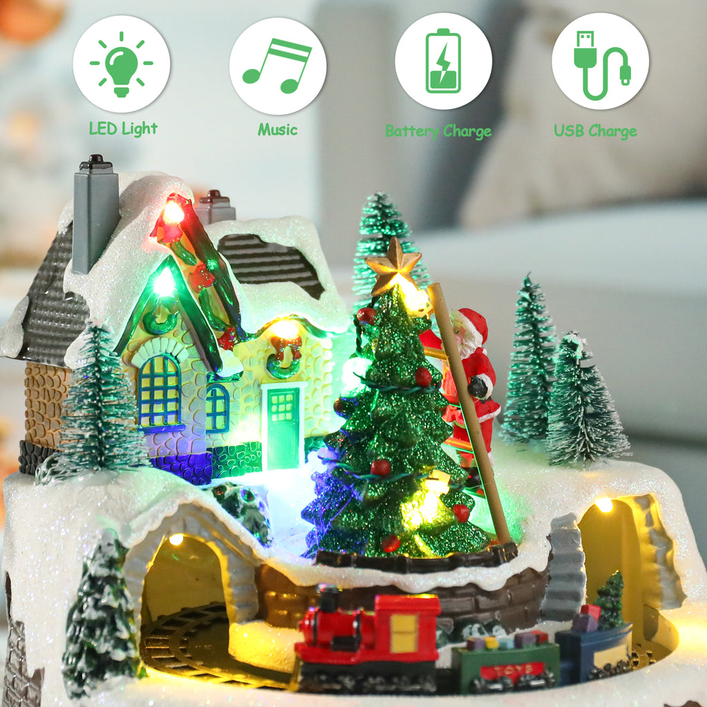 WONDER GARDEN Christmas Village Houses Collectible Buildings - Moving Train Around The Christmas Tree,Warm Light Musical Christmas Ornaments for Christmas Holiday Decorations