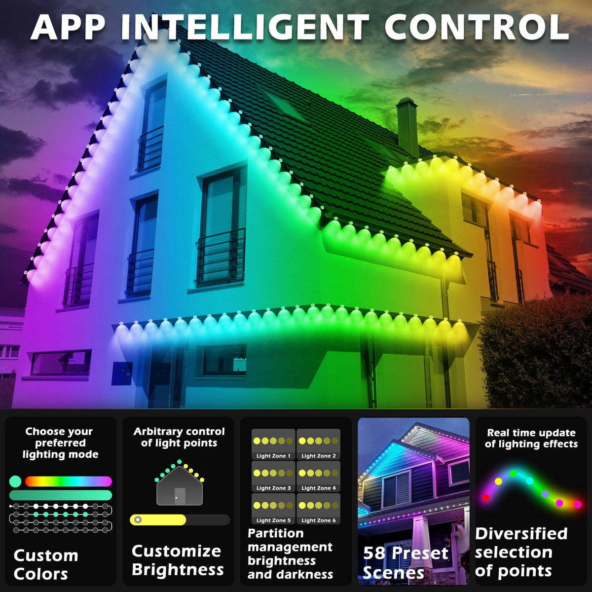200FT Permanent Outdoor RGB Lights, IP67 Waterproof Eaves Lights with Smart App & Remote Control, DIY Scene Modes & Music Sync, Color Changing String Lights for Garden, Patio, Deck, Christmas Holiday