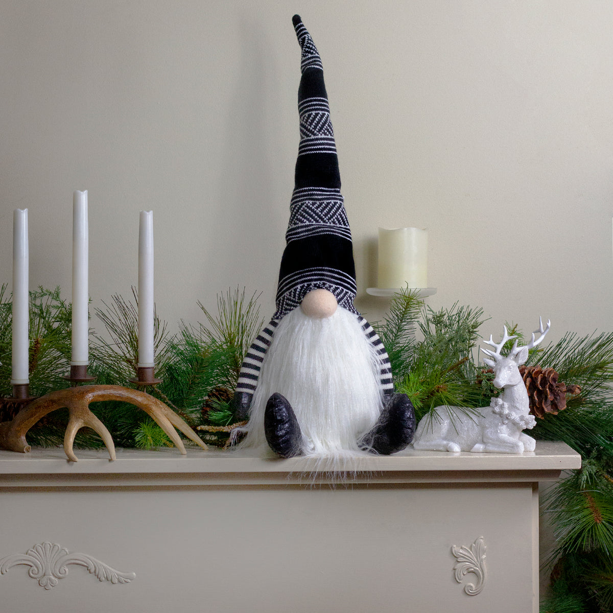 Northlight Striped Arms and Hat Plush Gnome Christmas Decoration - 24" - Black and White