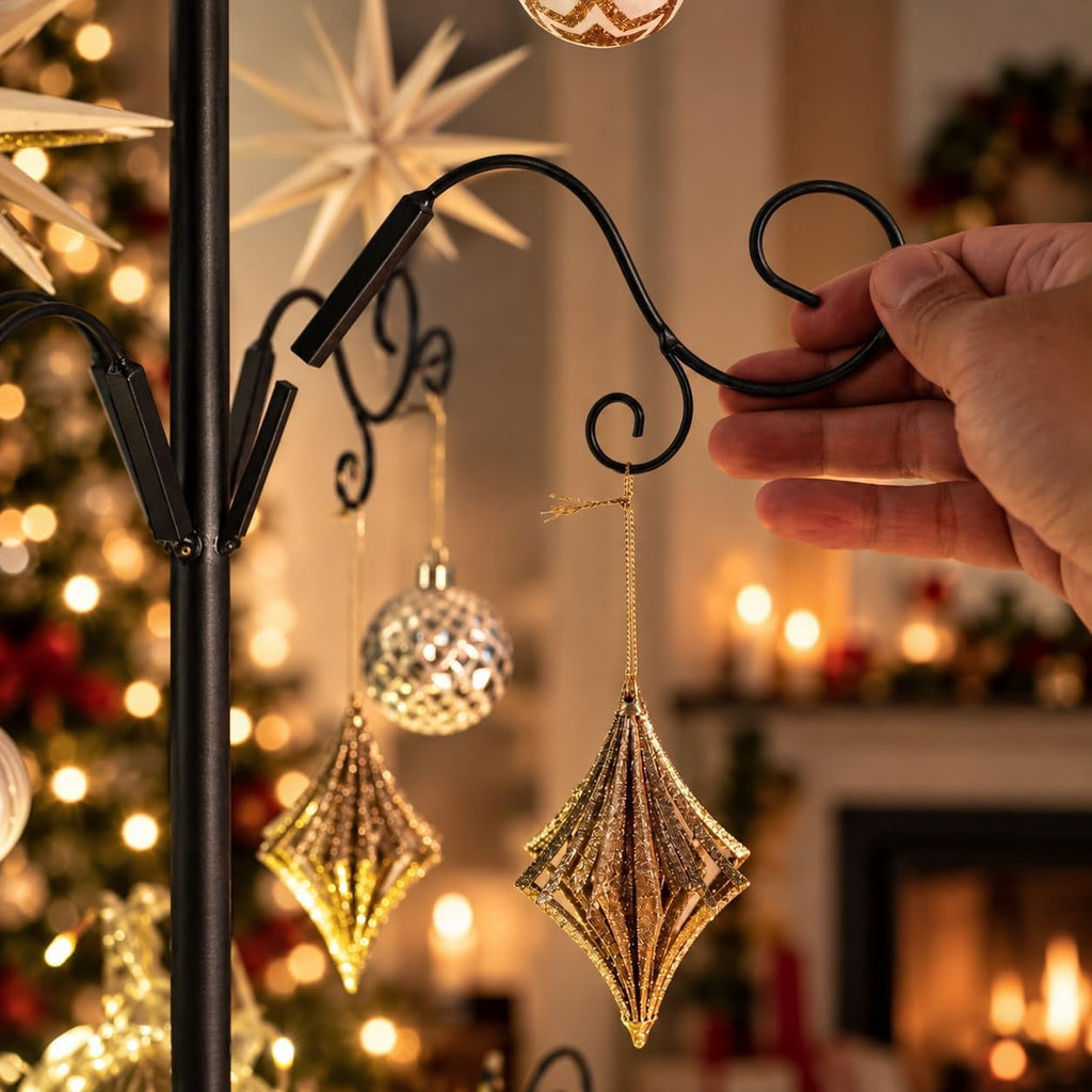 Barton Wrought Iron Christmas Tree Ornament Display Stand, 6.4' Metal Holder with 138 Hooks, Black