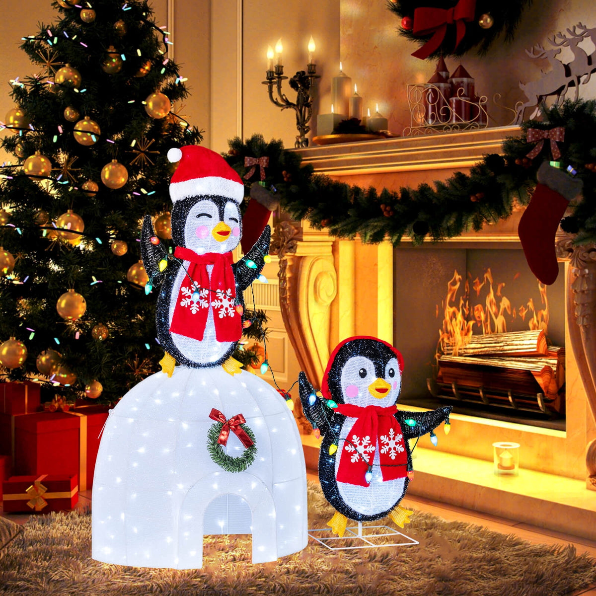 Costway Lighted Christmas Decoration Penguins Igloo 170 White LED Lights for Home Lawn