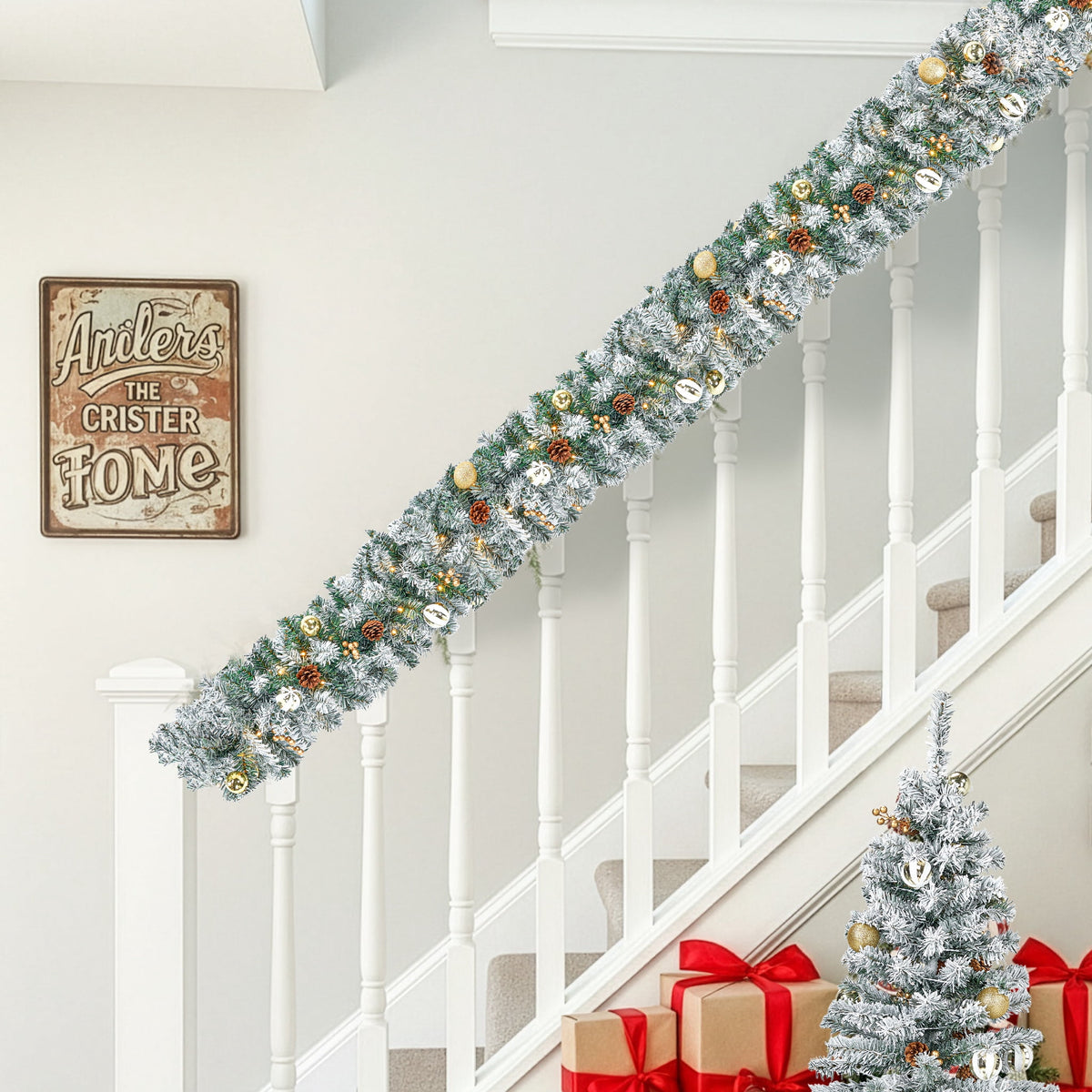 Pre-Lit Christmas Tree Decorations Set, 4 Pcs Indoor Outdoor Christmas Decorations W/ 2 Lighted Christmas Trees Wreath Garland, Artificial Christmas Xmas Decorations with 10 Light Modes, Dark Green