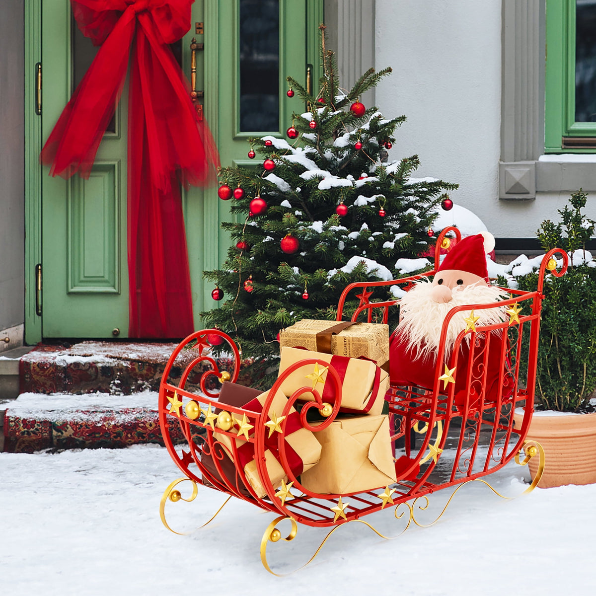 Gymax Christmas Metal Sleigh Large Red Santa Sleigh Decoration w/ Big Loading Area for Gifts