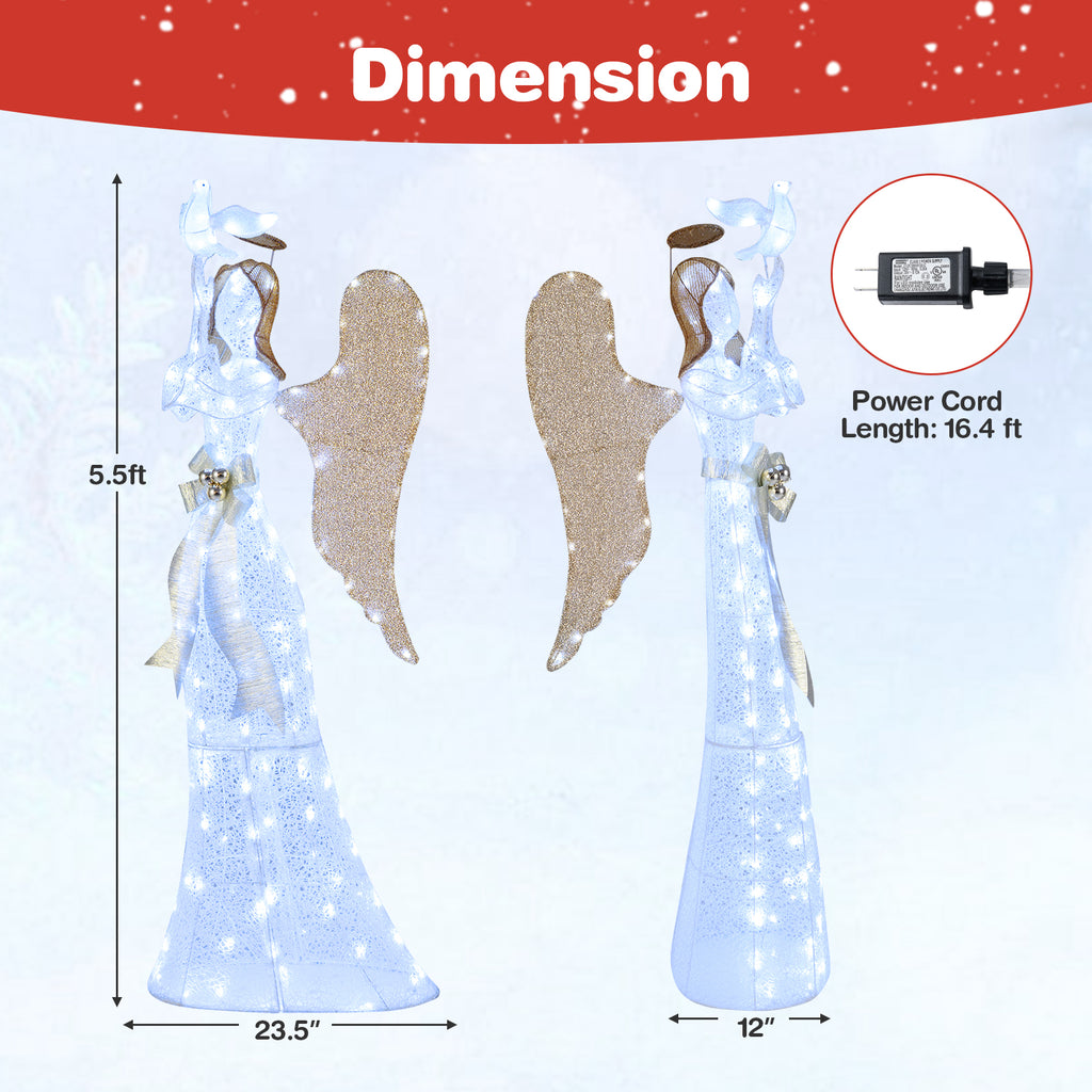 Gymax 3D Lighted Angel Christmas Decoration w/Pigeon Golden Wings 150 LED Lights White & Gold