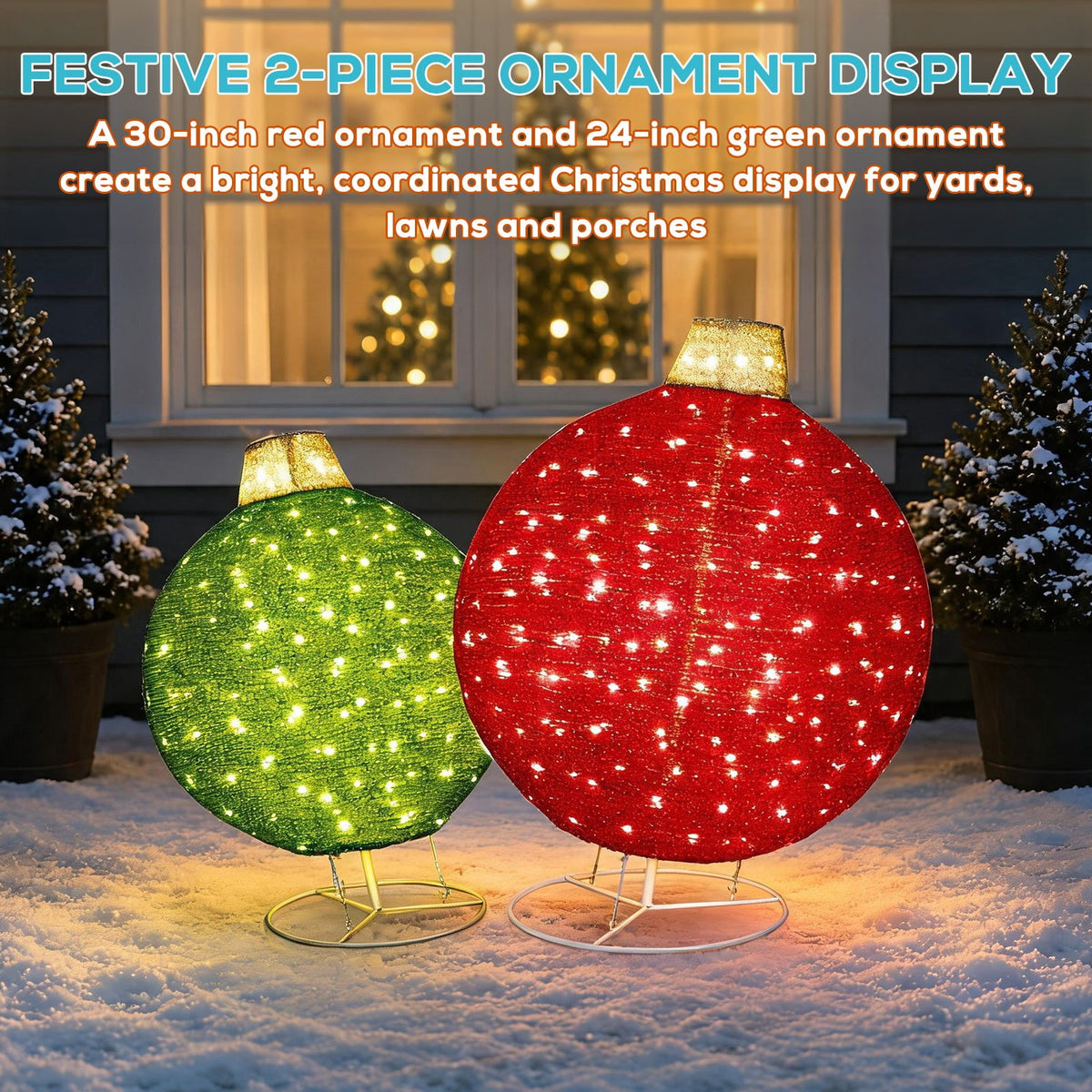 Vivatrees 2 Piece Christmas Ornament Decoration Iron Pop-up Hanging w/230 LED Light Assorted Colors for Xmas Outdoor Holiday - 30" & 24" Set
