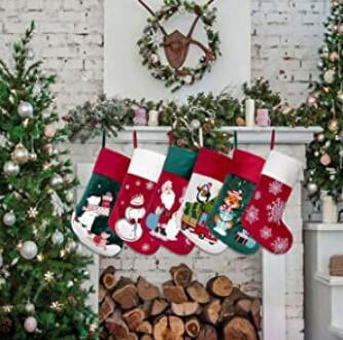 GEX 2025 21" Luxury Velvet Embroidery Pattern Christmas Stockings for Family Classic Fireplace Decorations Hanging Ornament for Xmas Holiday Party Set of 6