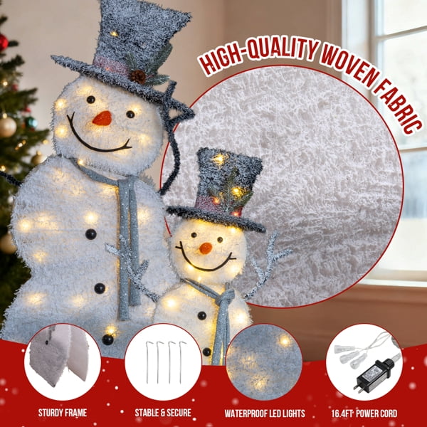 2-Pack Lighted Snowman Christmas Decorations, 80 Warm White LEDs, Sparkling Tinsel Fabric, Collapsible for Indoor or Outdoor Use
