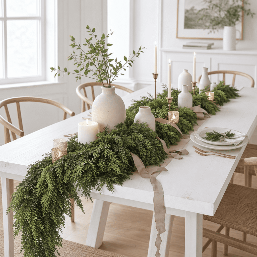 -2Pcs 9 FT Artificial Cedar Garlands, Real Touch Winter Cedar Pine Garland, Green Artificial Greenery Garland for Table, Mantle, Wall, Indoor, Outdoor Christmas Decorations