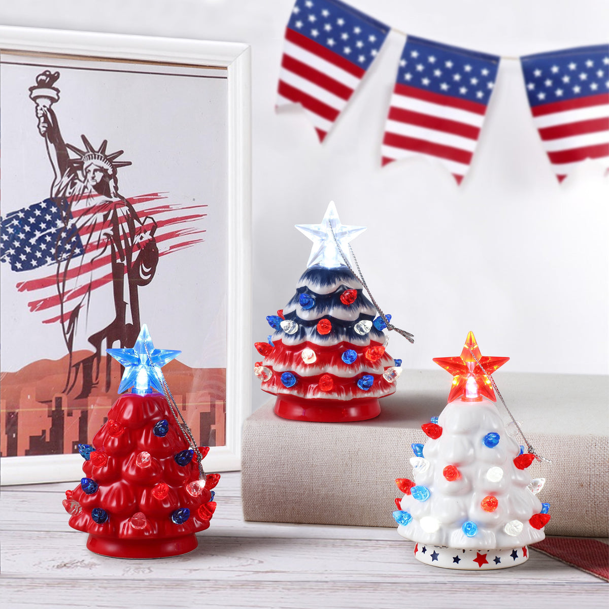  Decoration, Set of 3 Mini Nostalgic Ceramic Patriotic Christmas Trees, Multicolor, One Size, 3 Count