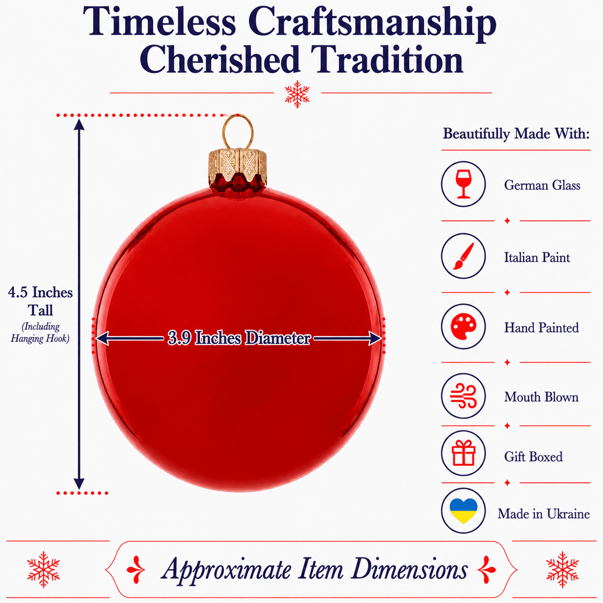 Set of 4 Glossy Red Glass Ball Christmas Ornaments 4 Inches