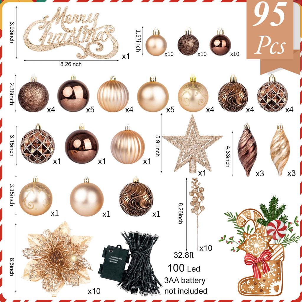  95 Pcs Christmas Tree Ornaments Set, Christmas Poinsettia Flowers Shatterproof Clear Plastic Baubles with Light for Home Holiday Wedding Party Xmas Tree Decor, Brown