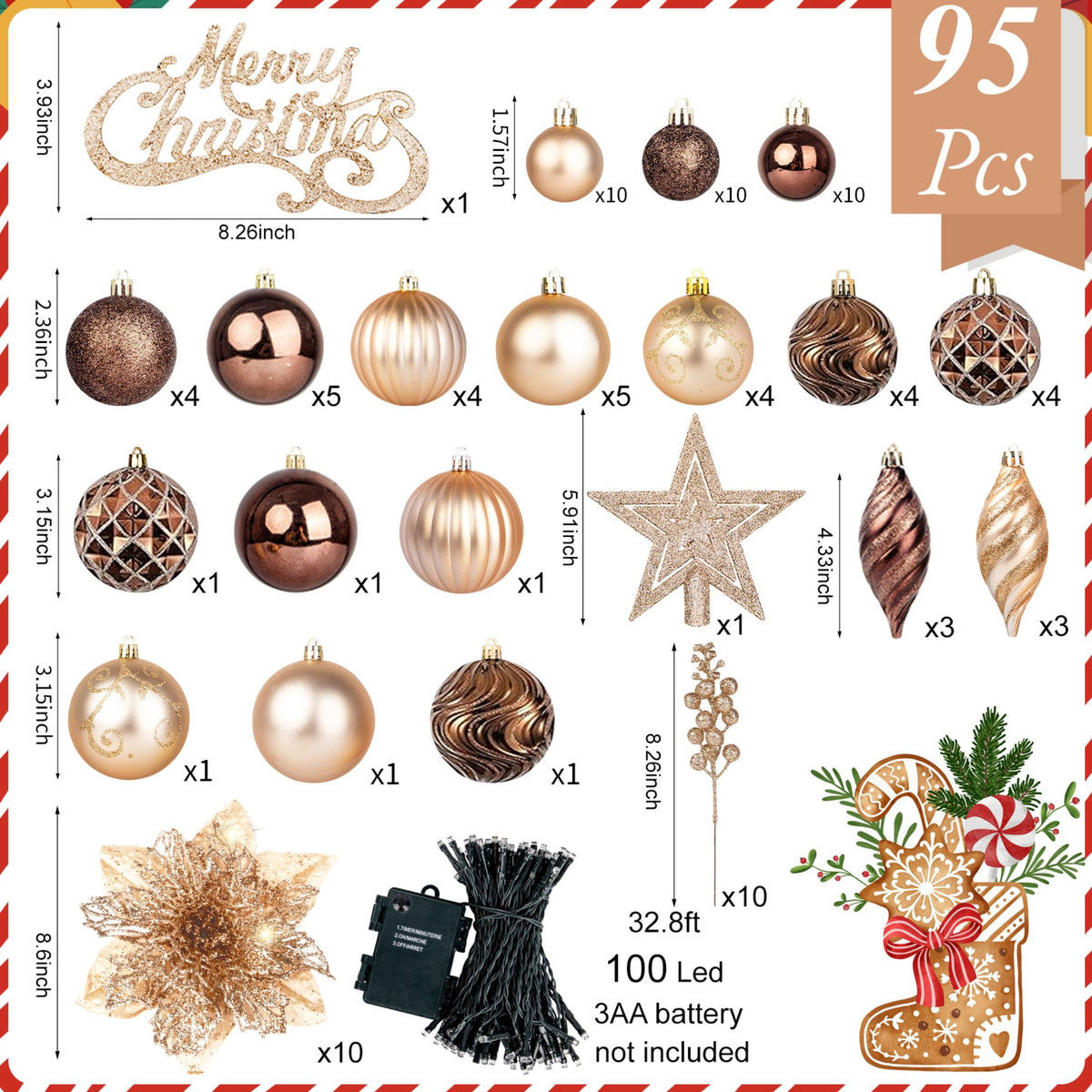  95 Pcs Christmas Tree Ornaments Set, Christmas Poinsettia Flowers Shatterproof Clear Plastic Baubles with Light for Home Holiday Wedding Party Xmas Tree Decor, Brown
