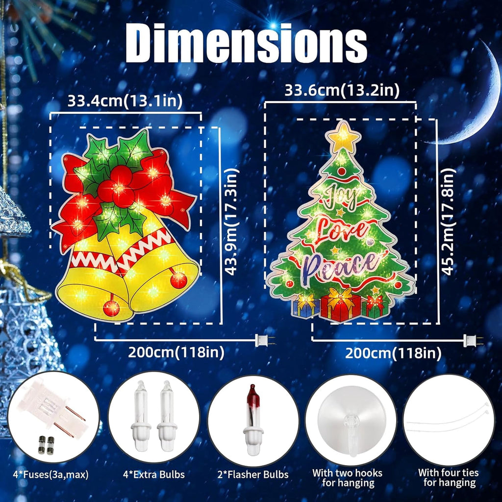 2 Pack Lighted Christmas Tree and Bells Christmas Window Silhouette Lights Decorations,Window Sculpture Decoration for Christmas,Party,Home,Patio Lawn,Garden