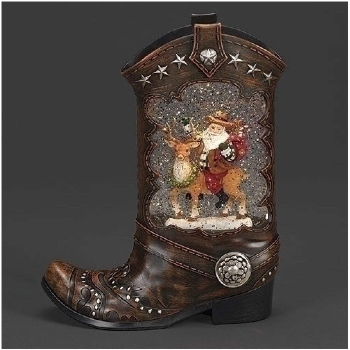 Roman 10 Inch H Lighted Swirl Boot Santa Riding Deer, Christmas Decoration