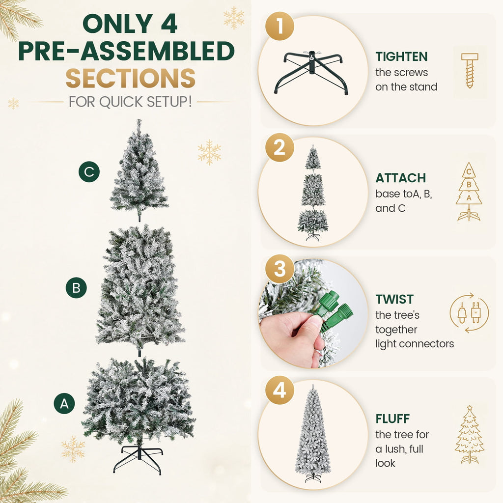 FUNDAZE 6FT Pre-Lit Snow Flocked Slim Artificial Christmas Tree, 550 Tips, 200 Dual-Color LED Lights & 11 Modes for Home, Party & Garden