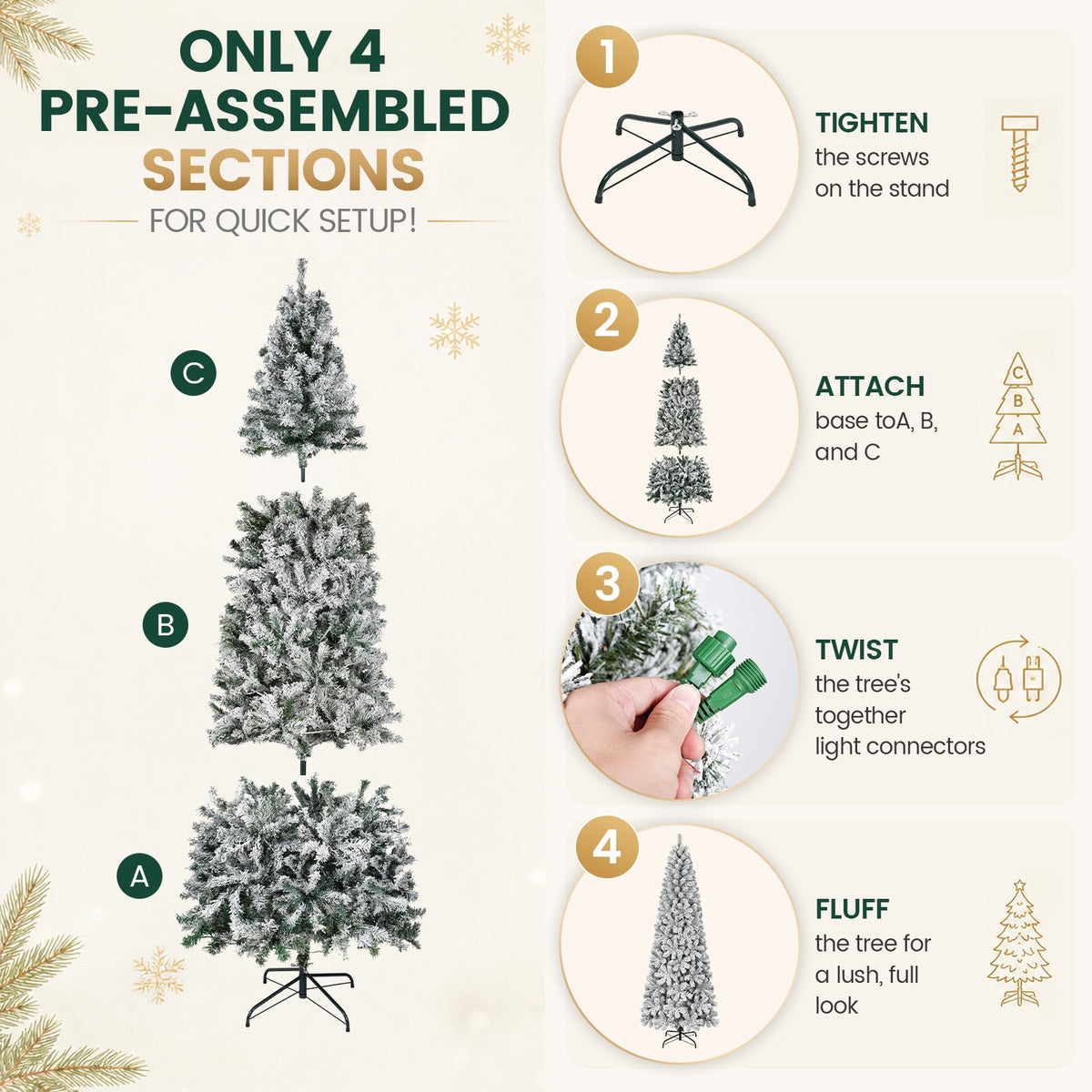 FUNDAZE 6FT Pre-Lit Snow Flocked Slim Artificial Christmas Tree, 550 Tips, 200 Dual-Color LED Lights & 11 Modes for Home, Party & Garden