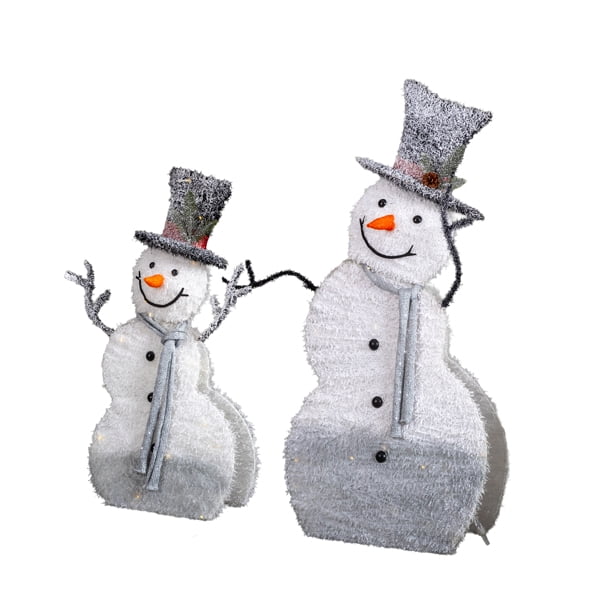 2-Pack Lighted Snowman Christmas Decorations, 80 Warm White LEDs, Sparkling Tinsel Fabric, Collapsible for Indoor or Outdoor Use
