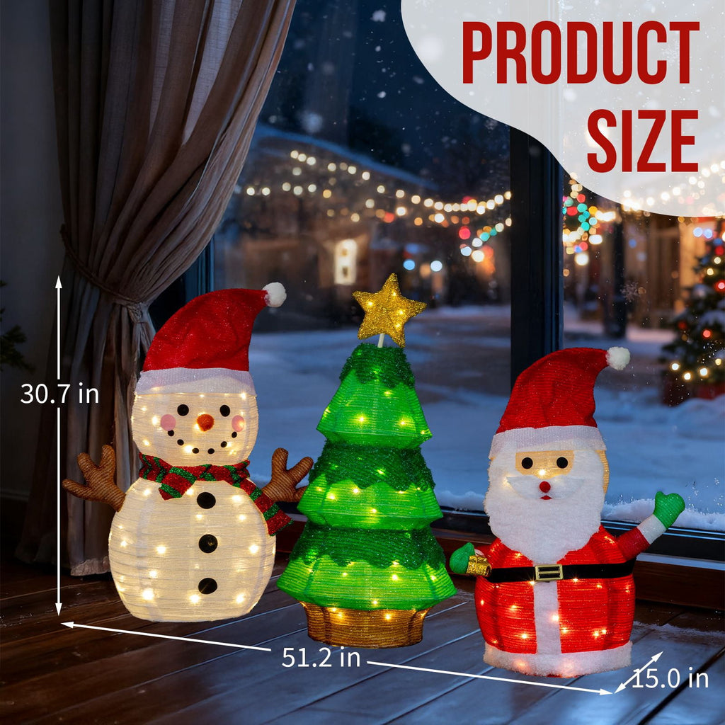 Set of 3 Lighted Santa and Snowman and Xmas Tree Christmas Decorations, Pre-lit Pull Up Holiday Decor with 150 Warm White LED Lights for Xmas Outdoor Indoor Decor Lighted Holiday Displays