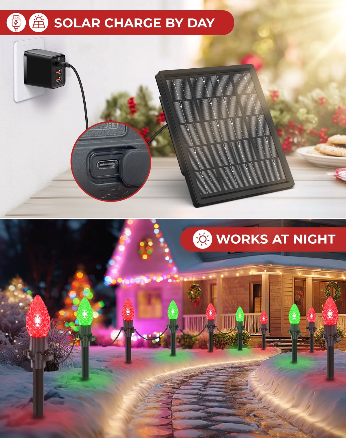 2 IN 1 Solar Christmas Lights C9 LED 33FT 25 LED with Ground Stakes Hanging Design Warm White Multicolor 8 Modes Waterproof for Garden Walkway Patio Christmas Decor
