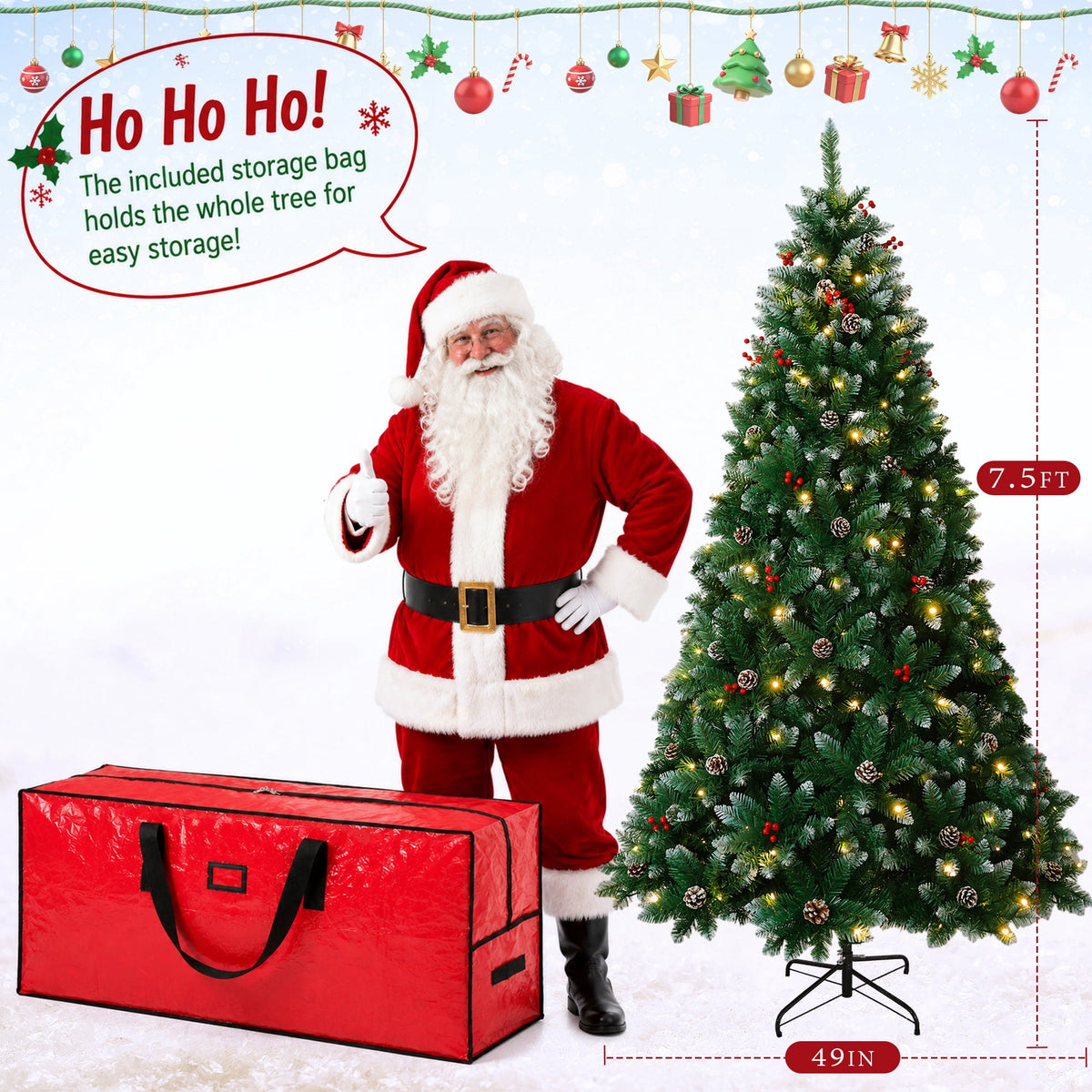 Yexmas 7.5FT Pre-Lit Christmas Tree with Pinecones and Red Berries,Artificial Green Xmas Tree with Large Storage Bag for Home, Office, Party Decoration