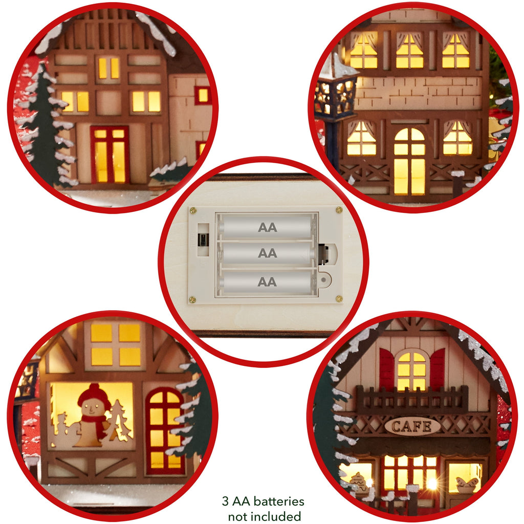 Pre-Lit Wooden Christmas Village - Miniature LED Holiday Decoration