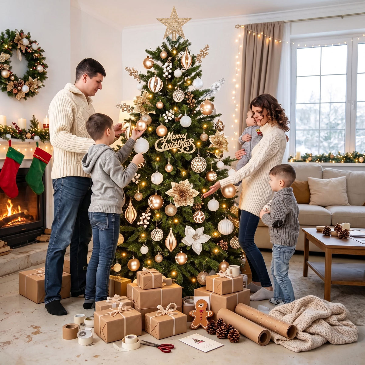  95 Pcs Christmas Tree Ornaments Set, Christmas Poinsettia Flowers Shatterproof Clear Plastic Baubles with Light for Home Holiday Wedding Party Xmas Tree Decor, Champagne