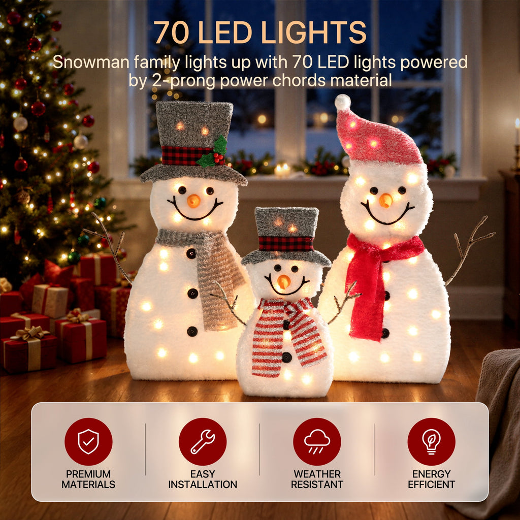 DEORAB Outdoor Christmas Lighted Snowman Decorations 2D 3-Piece Holiday Garden Lawn Yard Light-up Xmas Decor,70LED Lights