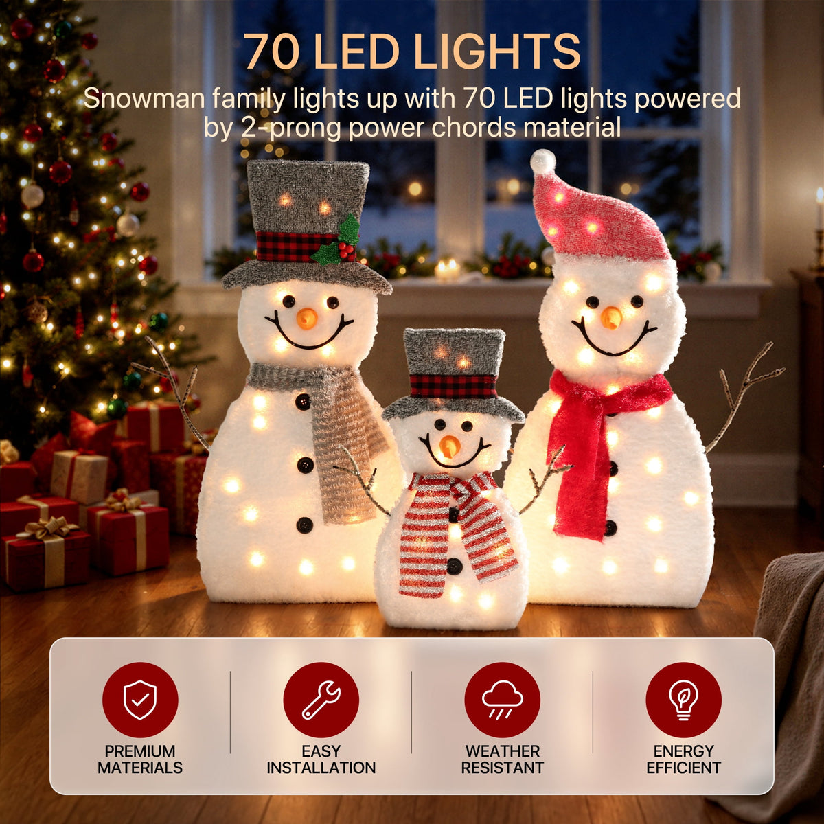 DEORAB Outdoor Christmas Lighted Snowman Decorations 2D 3-Piece Holiday Garden Lawn Yard Light-up Xmas Decor,70LED Lights