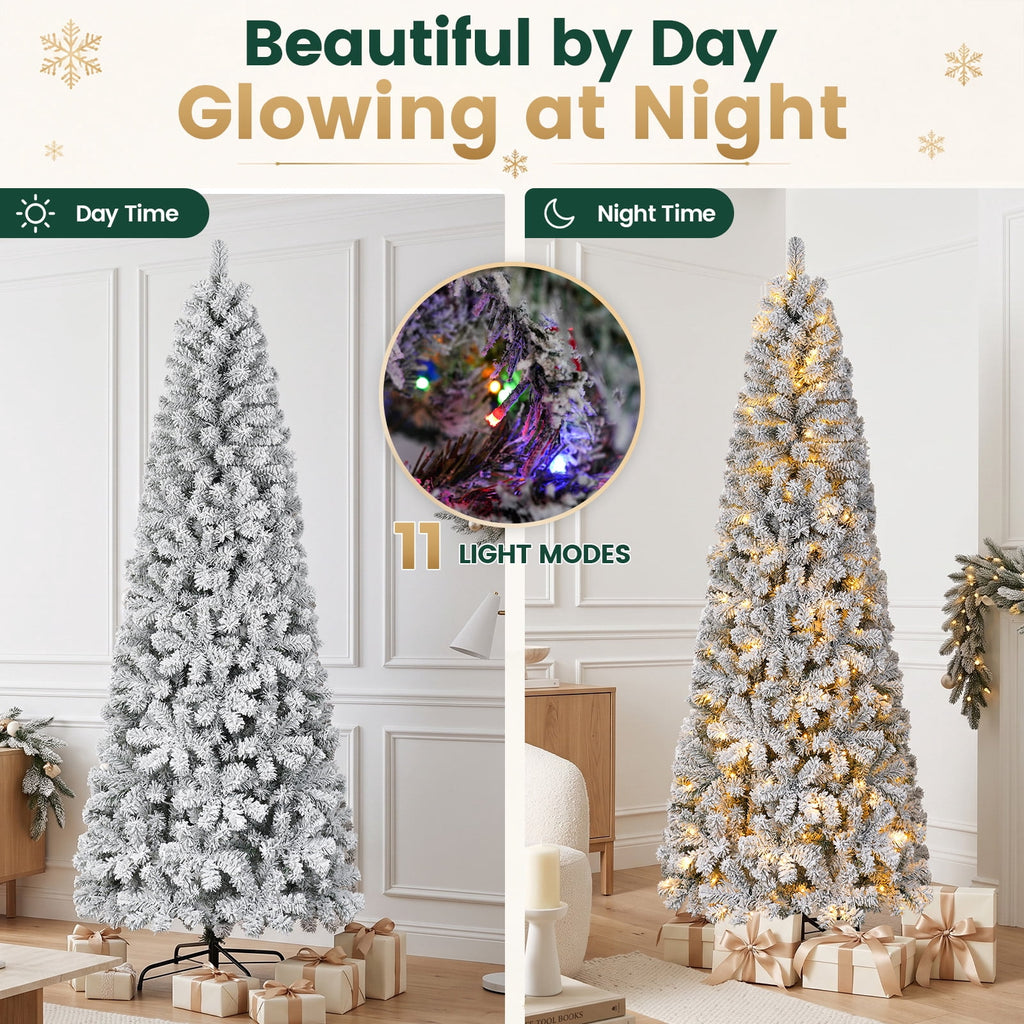 FUNDAZE 6FT Pre-Lit Snow Flocked Slim Artificial Christmas Tree, 550 Tips, 200 Dual-Color LED Lights & 11 Modes for Home, Party & Garden