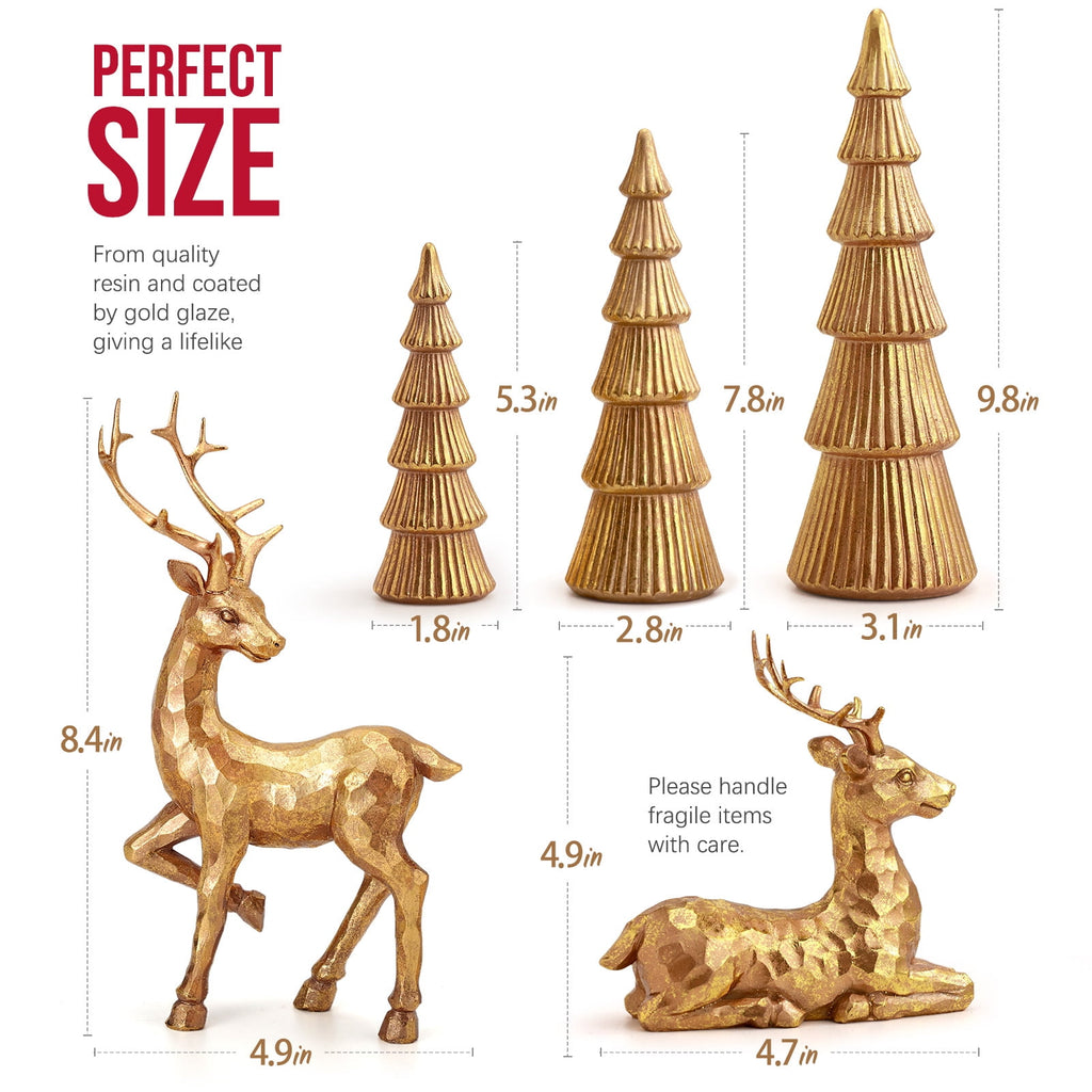  5PCS Tree and Reindeer Decoration, Christmas Tree Reindeer Figurines, Christmas Decortion Indoor (Rose Gold)