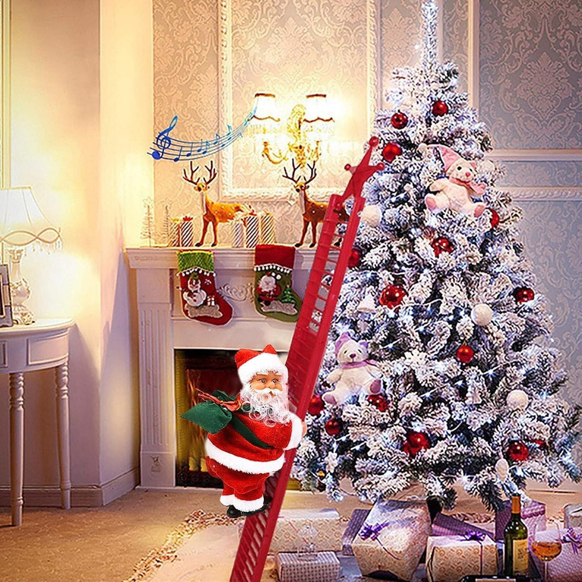 Christmas Electric Climbing Santa with Music & LED Light, Electric Climbing Ladder Santa Claus Doll for Xmas Tree Decorations Hanging Christmas Ornaments Tree Decor Holiday Party Gift