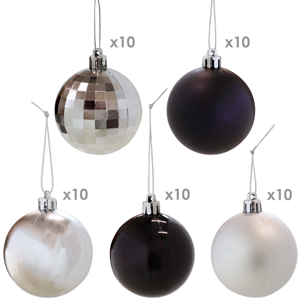 Sunnydaze Modern Holiday Black/Silver Plastic Christmas Ornament Balls, 50 Count