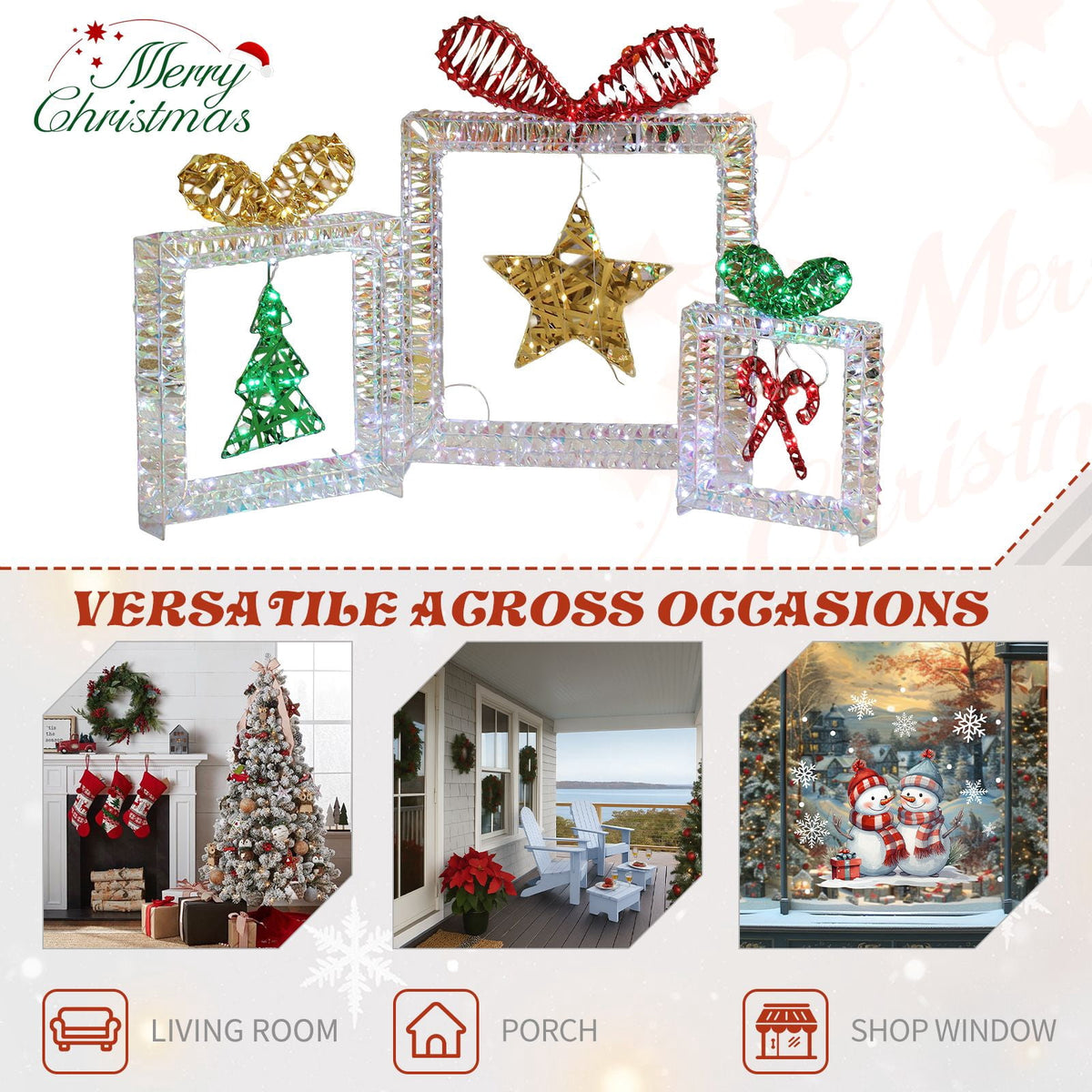 Set of 3 Lighted Iridescent Cut-out Gift Box Christmas Decorations, Pre-lit Holiday Decor with 357 White LED Lights for Xmas Outdoor Indoor Decor Lighted Holiday Displays