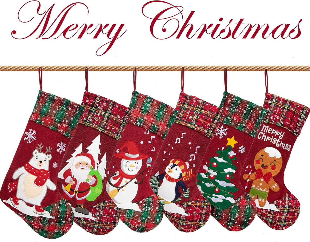 Christmas Stockings GEX 21" 2025 Embroidered Linen Applique Burlap Fireplace Hanging Christmas Ornament for Family Decorations Holiday Xmas Gift New 6 Pack