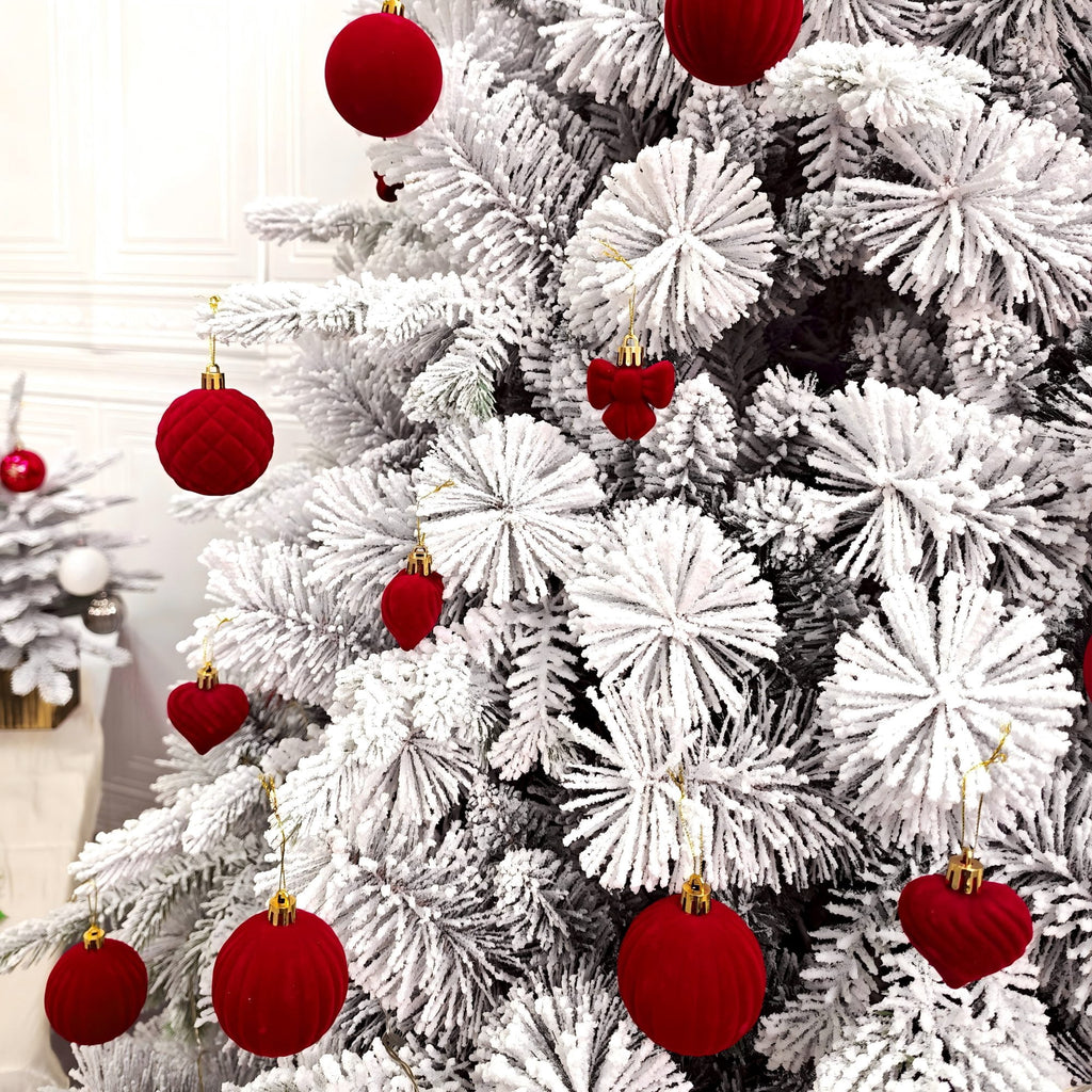 Sddec 32PCS Christmas Balls Ornaments, Dark Red Flocked Fabric, Hanging Strings, 5 styles, for Xmas Tree Wedding Holiday Party Home Decor