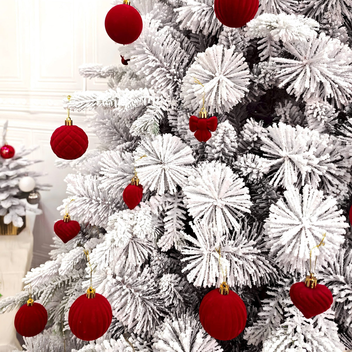 Sddec 32PCS Christmas Balls Ornaments, Dark Red Flocked Fabric, Hanging Strings, 5 styles, for Xmas Tree Wedding Holiday Party Home Decor