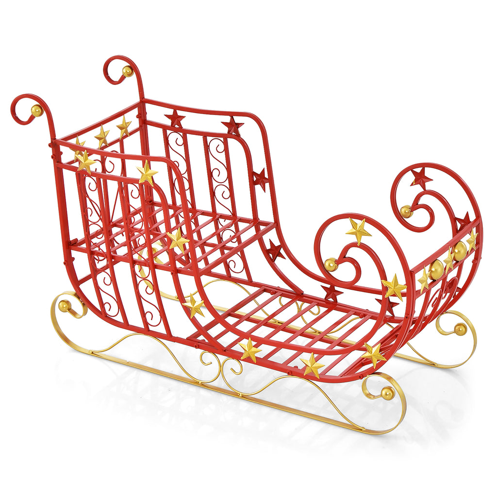 Gymax Christmas Metal Sleigh Large Red Santa Sleigh Decoration w/ Big Loading Area for Gifts