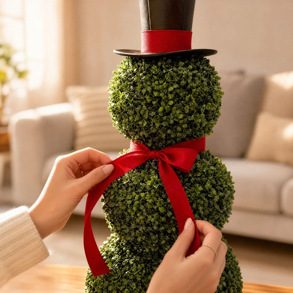 2 Pack Snowman Topiary Christmas Decoration, Artificial Boxwood Snowman Tree, Christmas Decor Indoor Outdoor, 32"