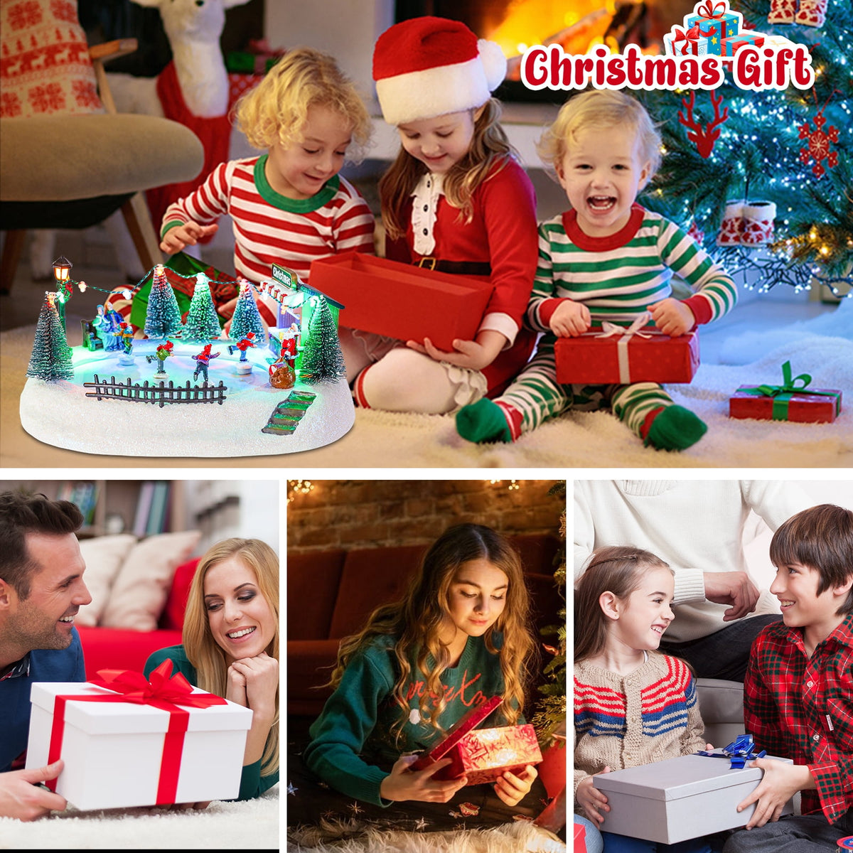 Christmas Village-Christmas Village Skating House Figurines Christmas Skiing Decor,Christmas Home Decoration Snow Globe Multicolor Lighted with Music X-Large