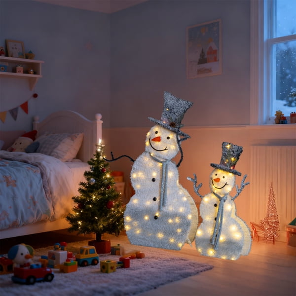 2-Pack Lighted Snowman Christmas Decorations, 80 Warm White LEDs, Sparkling Tinsel Fabric, Collapsible for Indoor or Outdoor Use