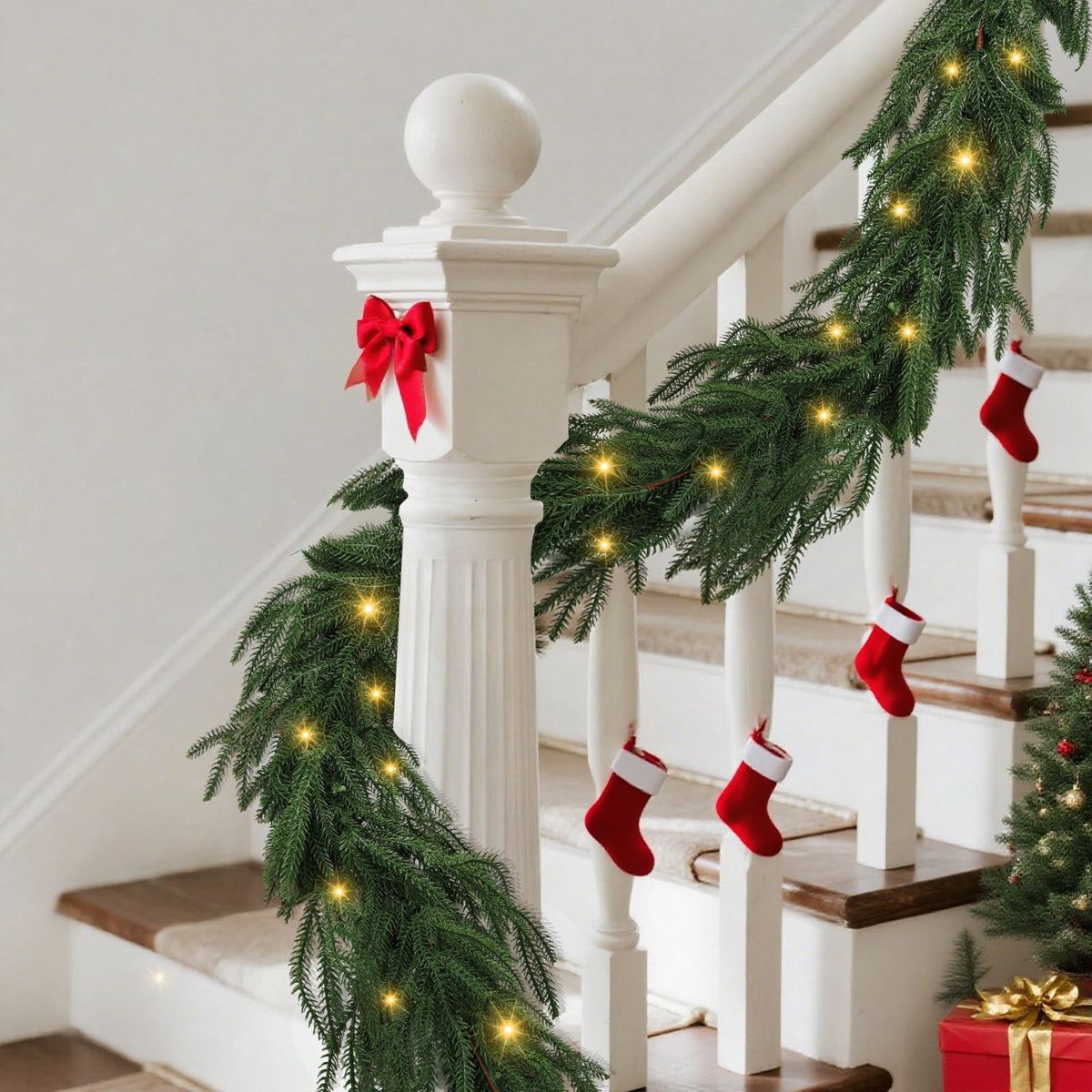 9 ft Artificial Norfolk Pine Garland with LED Lights, Dense Faux Greenery Garland for Holiday Mantle, Table, Wall, Indoor Outdoor Decor