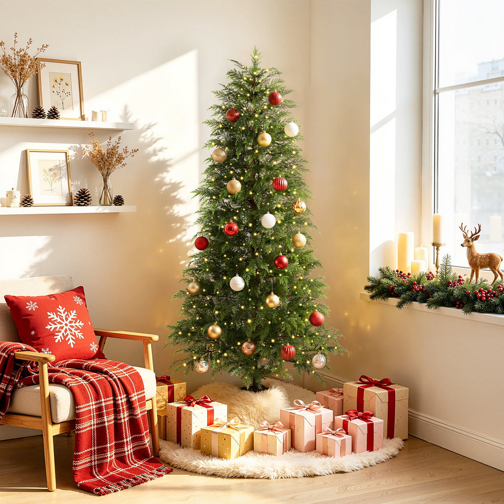  7.5' Pre-Lit Green Cypress Artificial Christmas Tree with 500 Warm White Twinkle LED Lights, Full-Bodied Xmas Tree with Metal Stand, Indoor Holiday Decoration