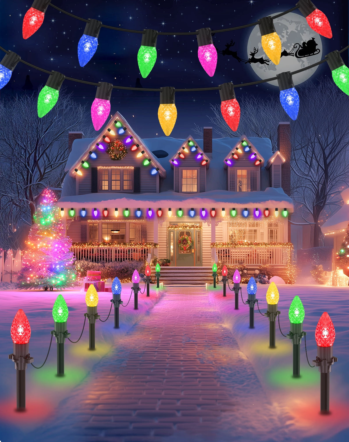 2 IN 1 Solar Christmas Lights C9 LED 33FT 25 LED with Ground Stakes Hanging Design Warm White Multicolor 8 Modes Waterproof for Garden Walkway Patio Christmas Decor