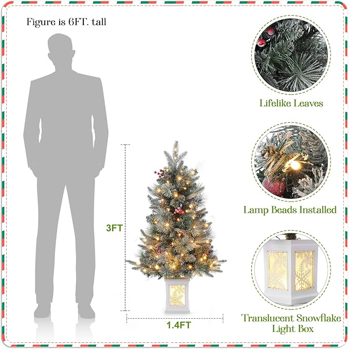 2 Pack 3FT Faux Frost Christmas Tree with Snowflake Light Box Base with 70PCS UL Listed 8 Mode Warm White Light Beads, Red Berry for Front Door, Porch, Entryway, Fireside Christmas Decoration