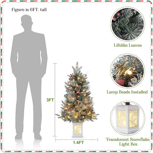 2 Pack 3FT Faux Frost Christmas Tree with Snowflake Light Box Base with 70PCS UL Listed 8 Mode Warm White Light Beads, Red Berry for Front Door, Porch, Entryway, Fireside Christmas Decoration