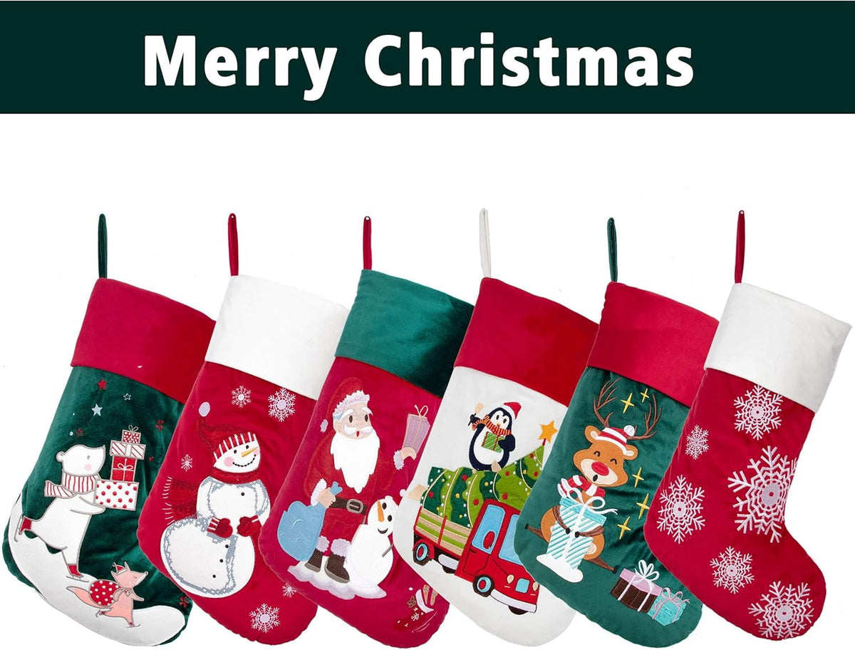 GEX 2025 21" Luxury Velvet Embroidery Pattern Christmas Stockings for Family Classic Fireplace Decorations Hanging Ornament for Xmas Holiday Party Set of 6