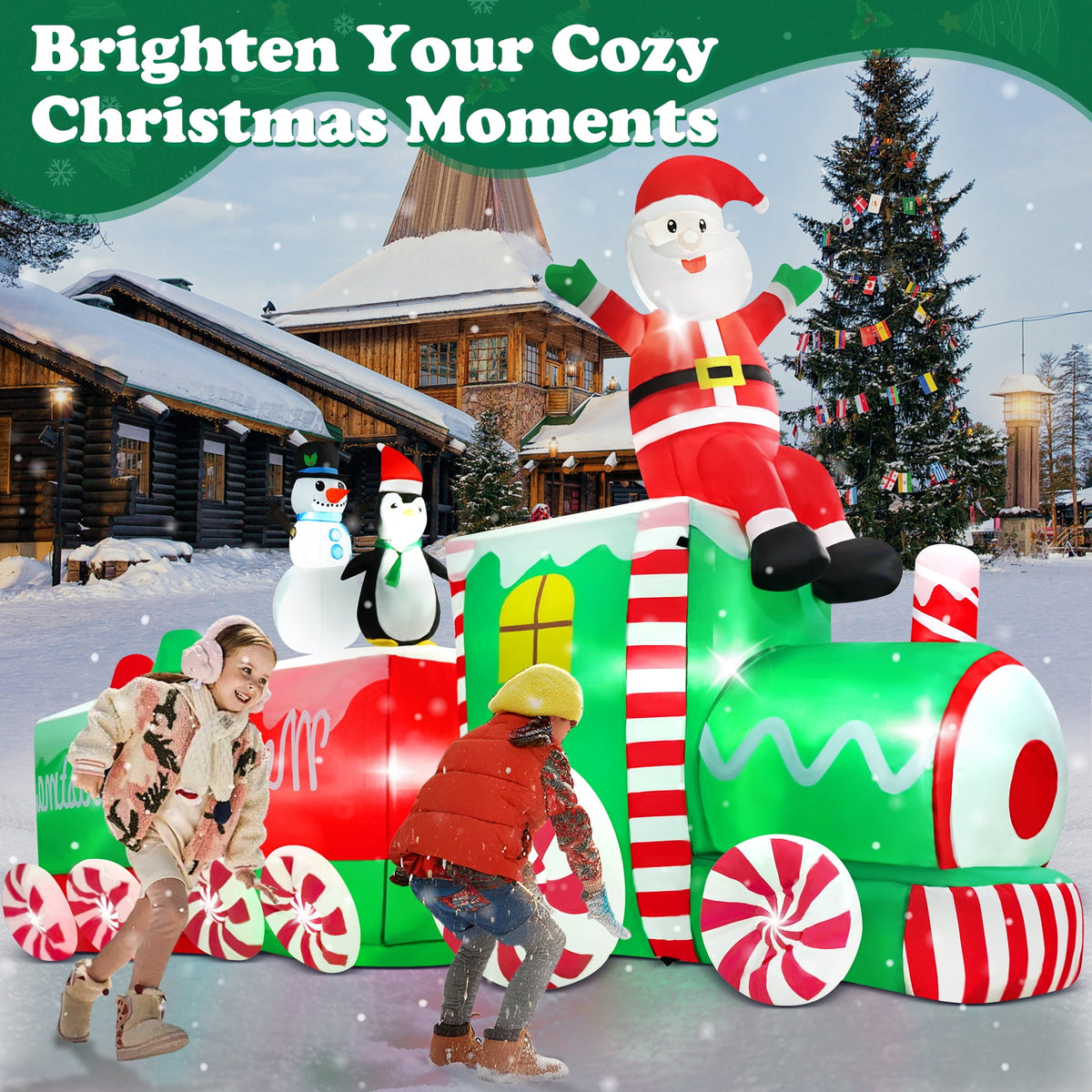Yexmas 10.5ft Christmas Inflatable Train with Santa Snowman Penguin Dinosaur Corner Outdoor Lights Decorations for Holiday Decorations,Christmas Parties,Yard,Garden and Lawn