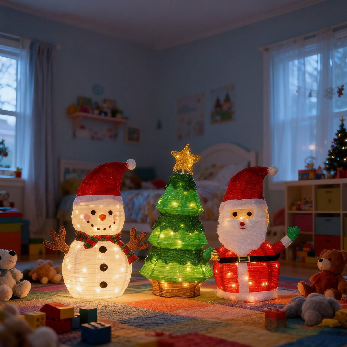 Set of 3 Lighted Santa and Snowman and Xmas Tree Christmas Decorations, Pre-lit Pull Up Holiday Decor with 150 Warm White LED Lights for Xmas Outdoor Indoor Decor Lighted Holiday Displays