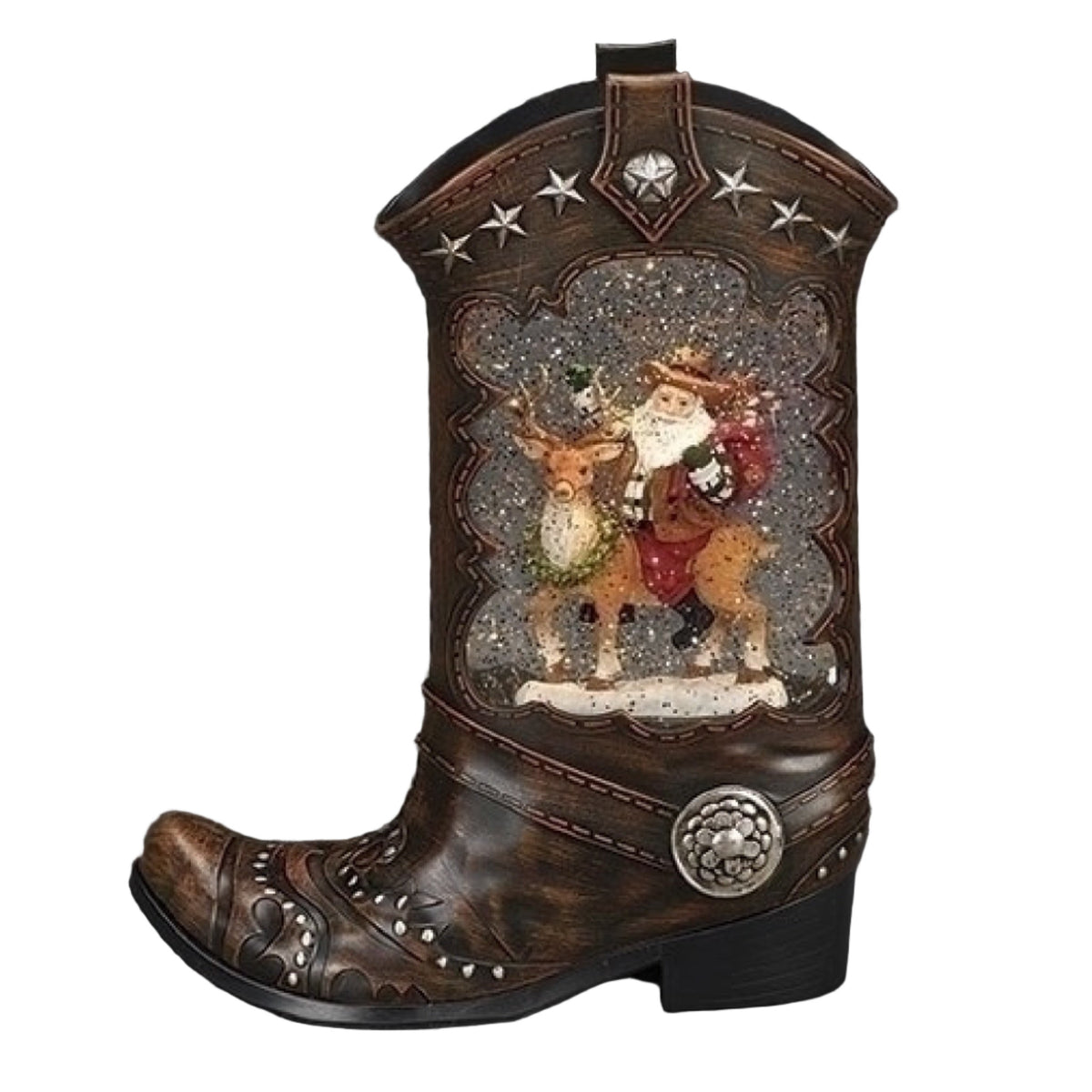 Roman 10 Inch H Lighted Swirl Boot Santa Riding Deer, Christmas Decoration