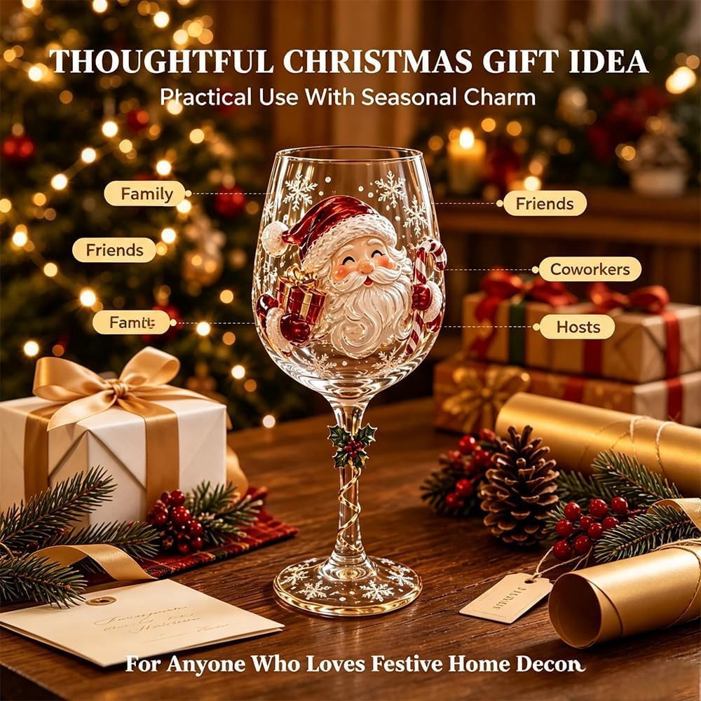 Christmas 3D Wine Glass Collection Gift Box Set, 3D Santa Christmas Wine Glass, Raised Holiday Goblet with Snowflake Decor, Festive Glassware for Wine, Cocktails, Holiday Party & Table Decor